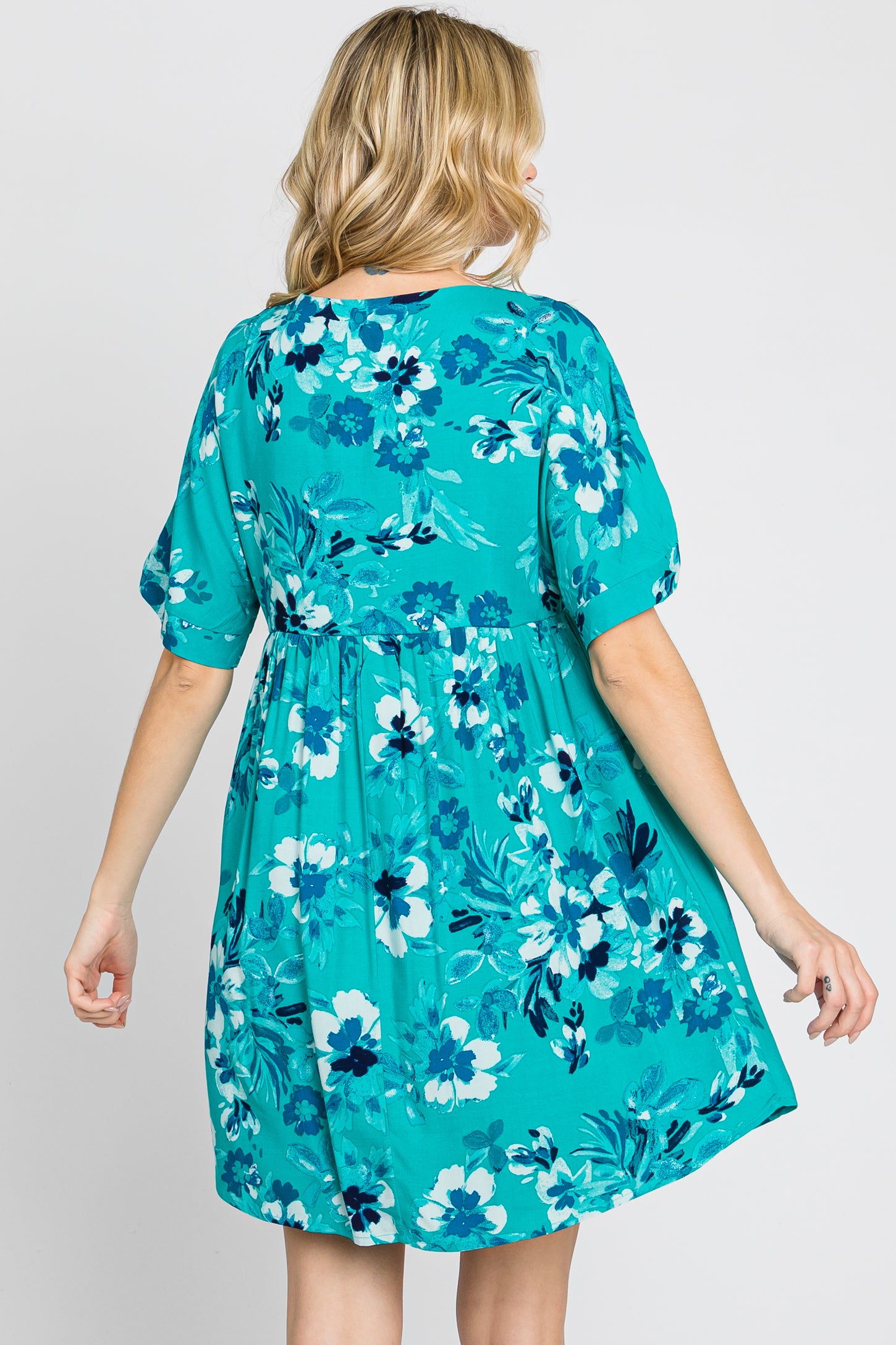 Teal Tropical Floral V-Neck Short Sleeve Dress