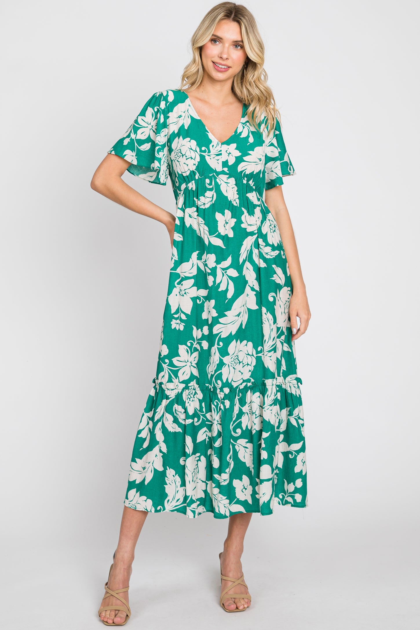 Green Tropical Print Ruffle Maternity Midi Dress Green Tropical Print Ruffle Maternity Midi Dress