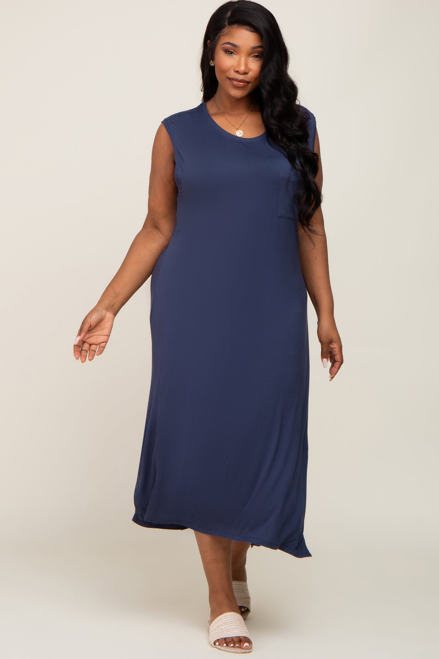 Navy Sleeveless Front Pocket Plus Midi Dress