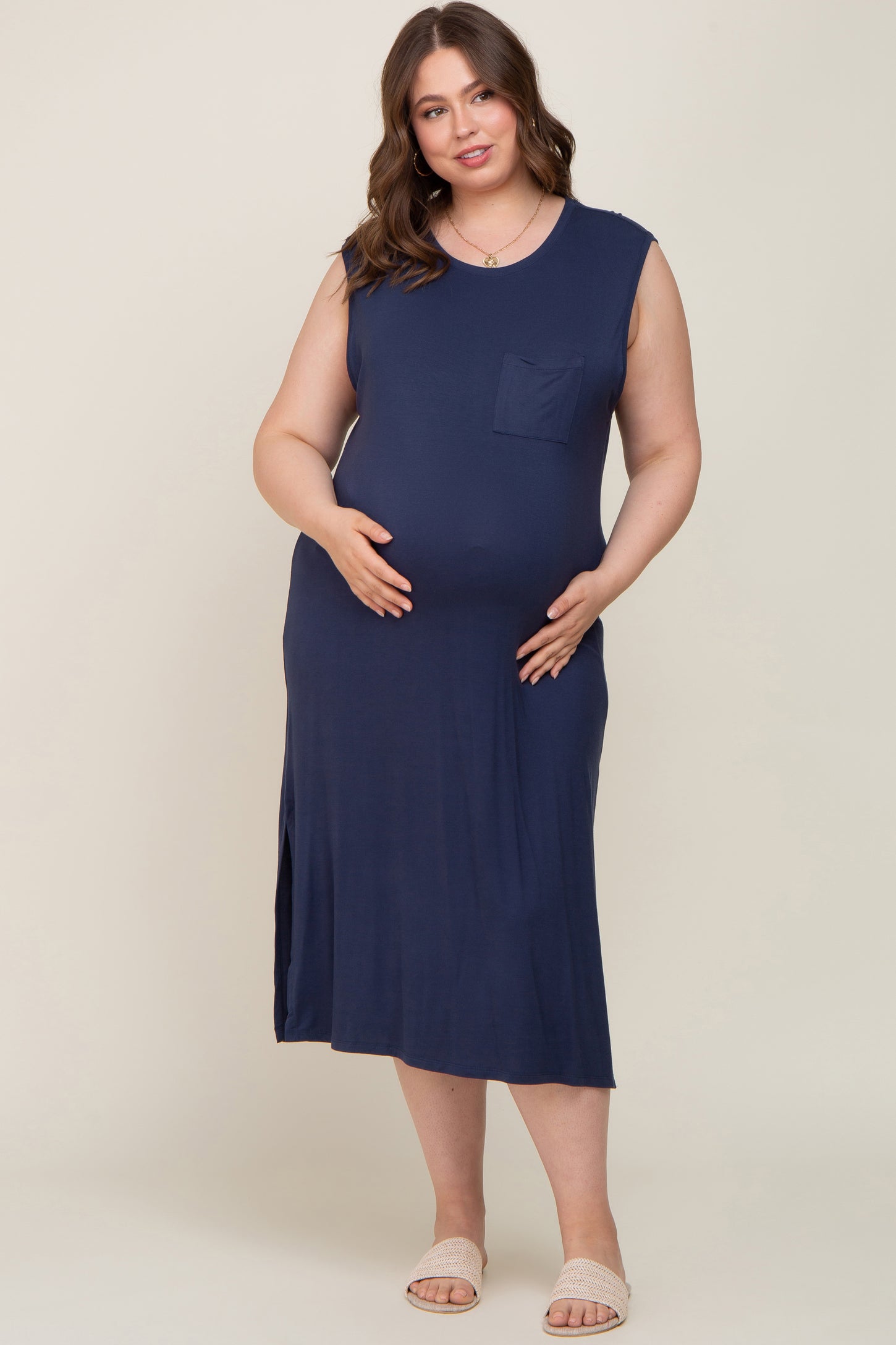 navy blue plus size midi dress Folunsi Women's Plus size Dresses Casual V-Neck Midi Dress Wedding Guest Dress with Pockets Navy Blue-2XL