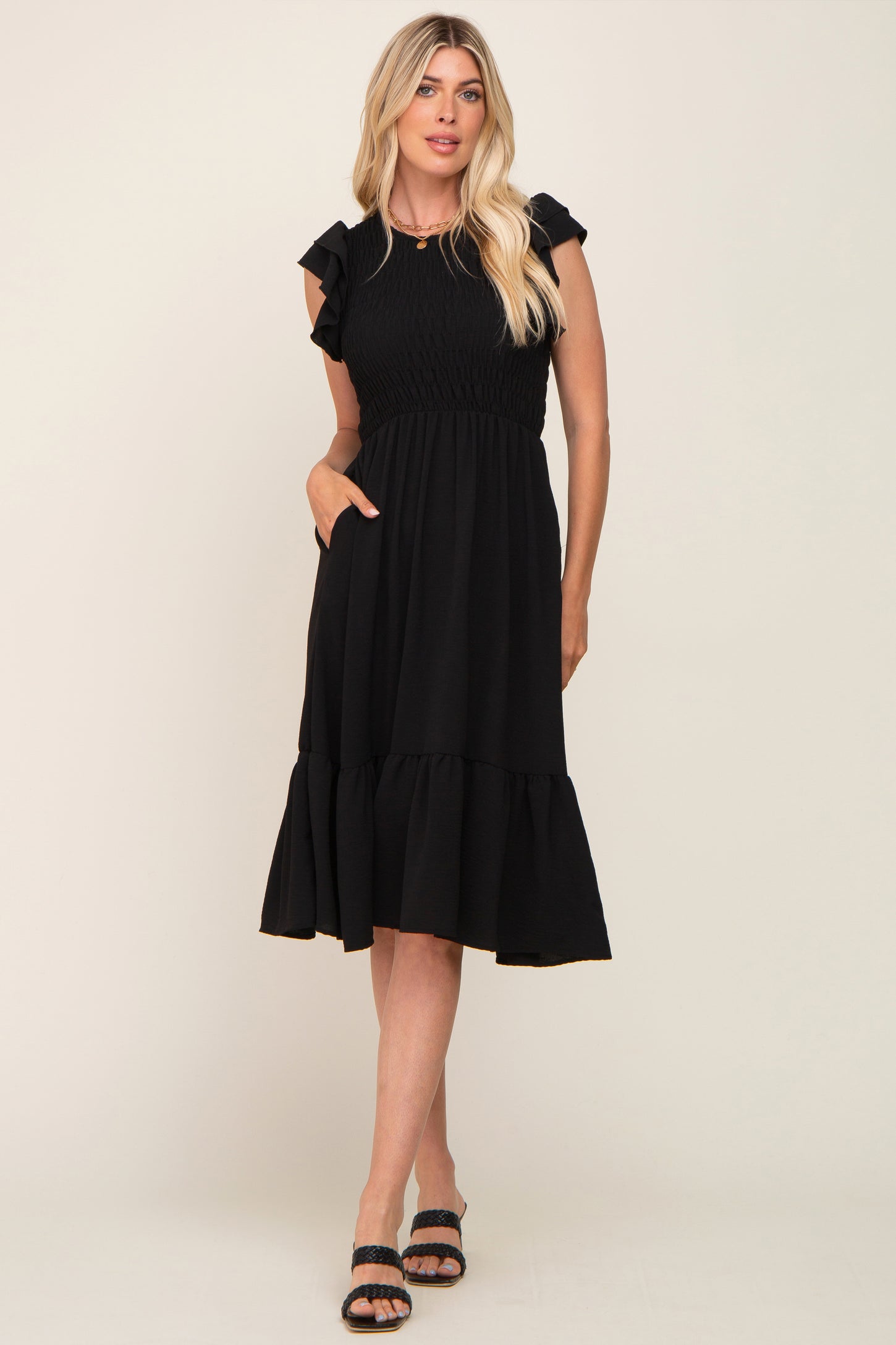 Black Smocked Layered Ruffle Flutter Sleeve Maternity Midi Dress Small - Pinkblush