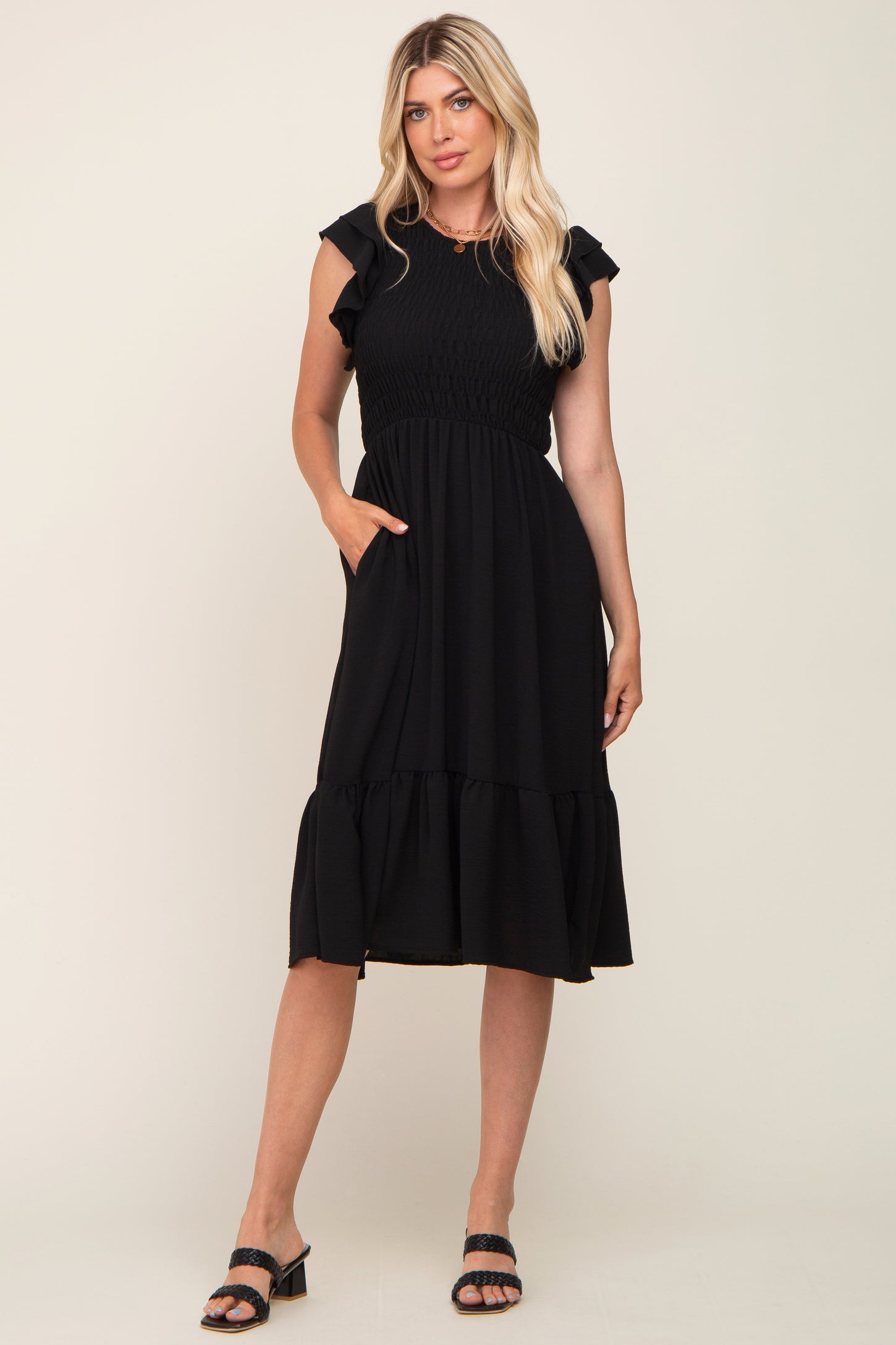 knee length dresses for ladies Mac Duggal Flutter Sleeve Ruffle Tiered Gown main image 1
