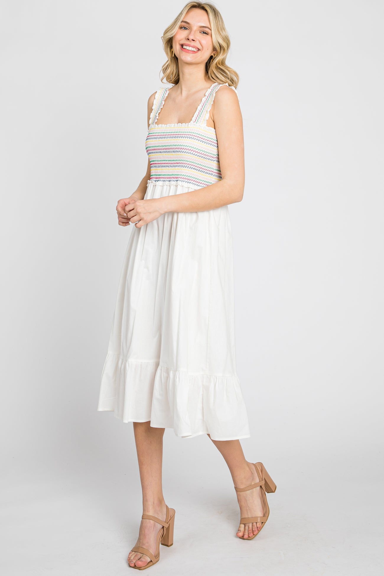 White Embroidered Smocked Maternity Midi Dress PinkBlush White Embroidered Smocked Maternity Midi Dress PinkBlush
