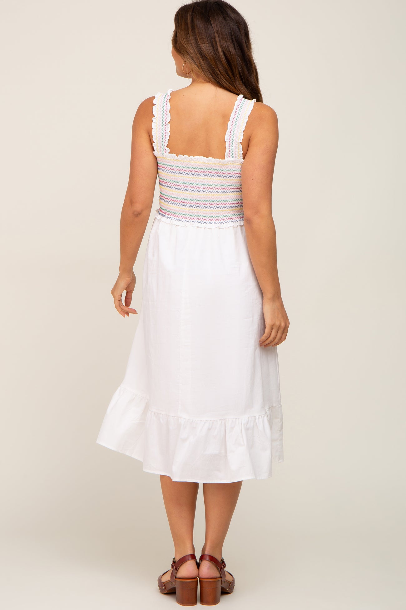 White Embroidered Smocked Maternity Midi Dress PinkBlush White Embroidered Smocked Maternity Midi Dress PinkBlush