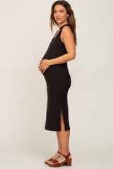Black Ribbed Shoulder Tie Maternity Midi Dress