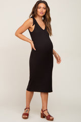 Black Ribbed Shoulder Tie Maternity Midi Dress