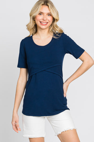 Navy Blue Ribbed Wrap Front Nursing Top