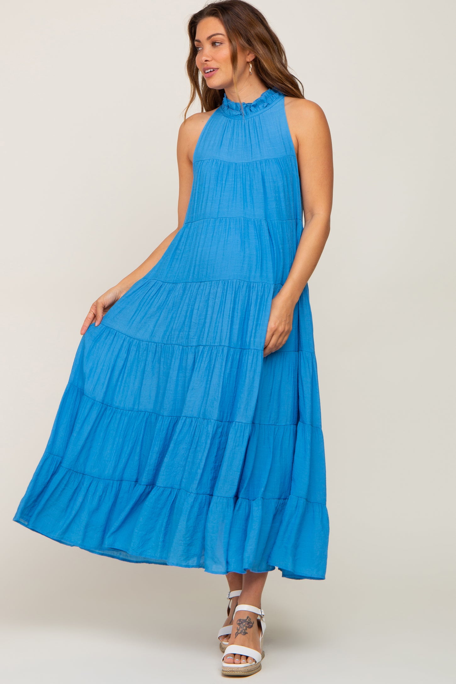 Blue Tiered High Neck Maternity Maxi Dress