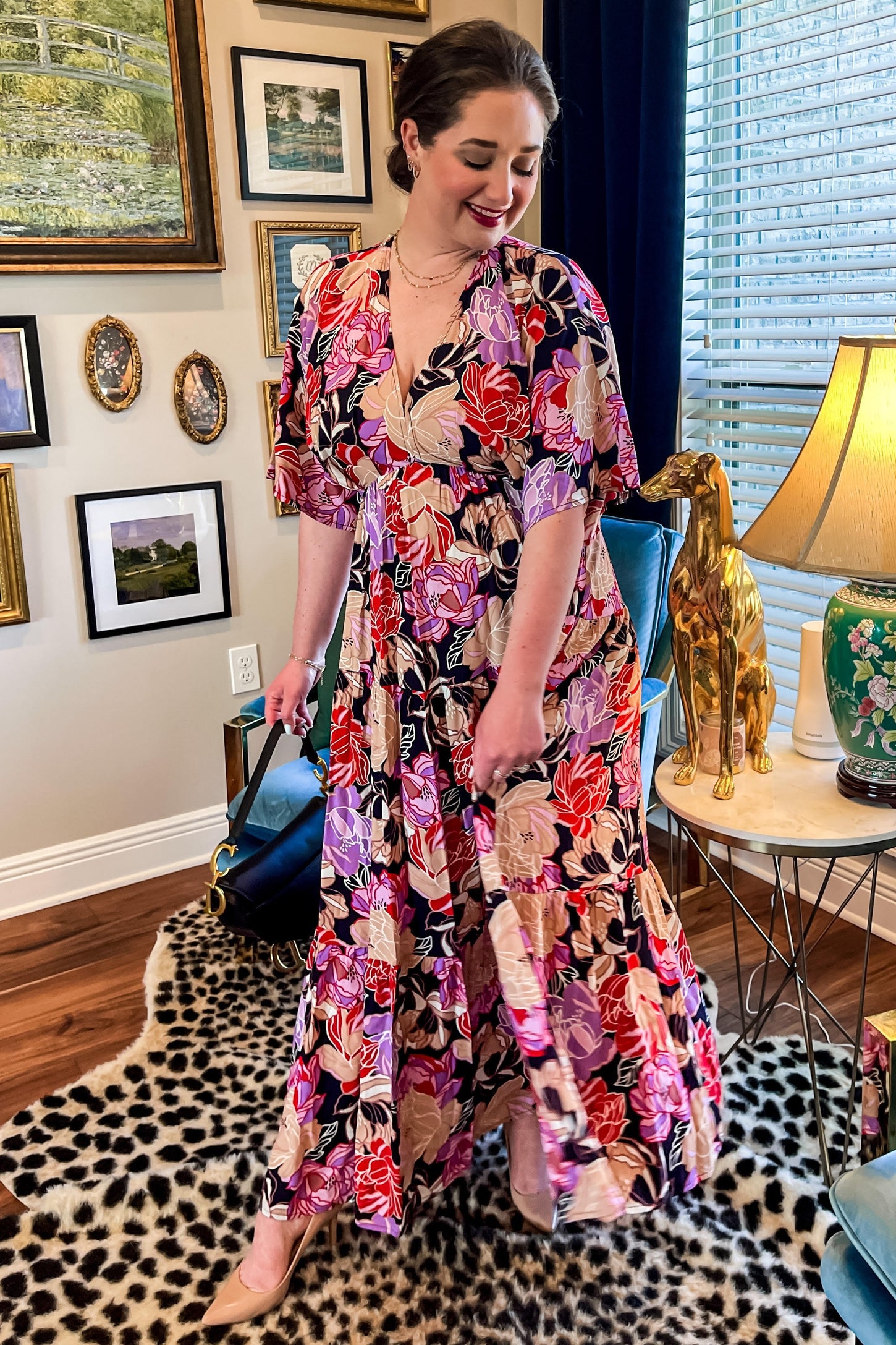 Navy Blue Floral Deep V-Neck Tiered Maxi Dress