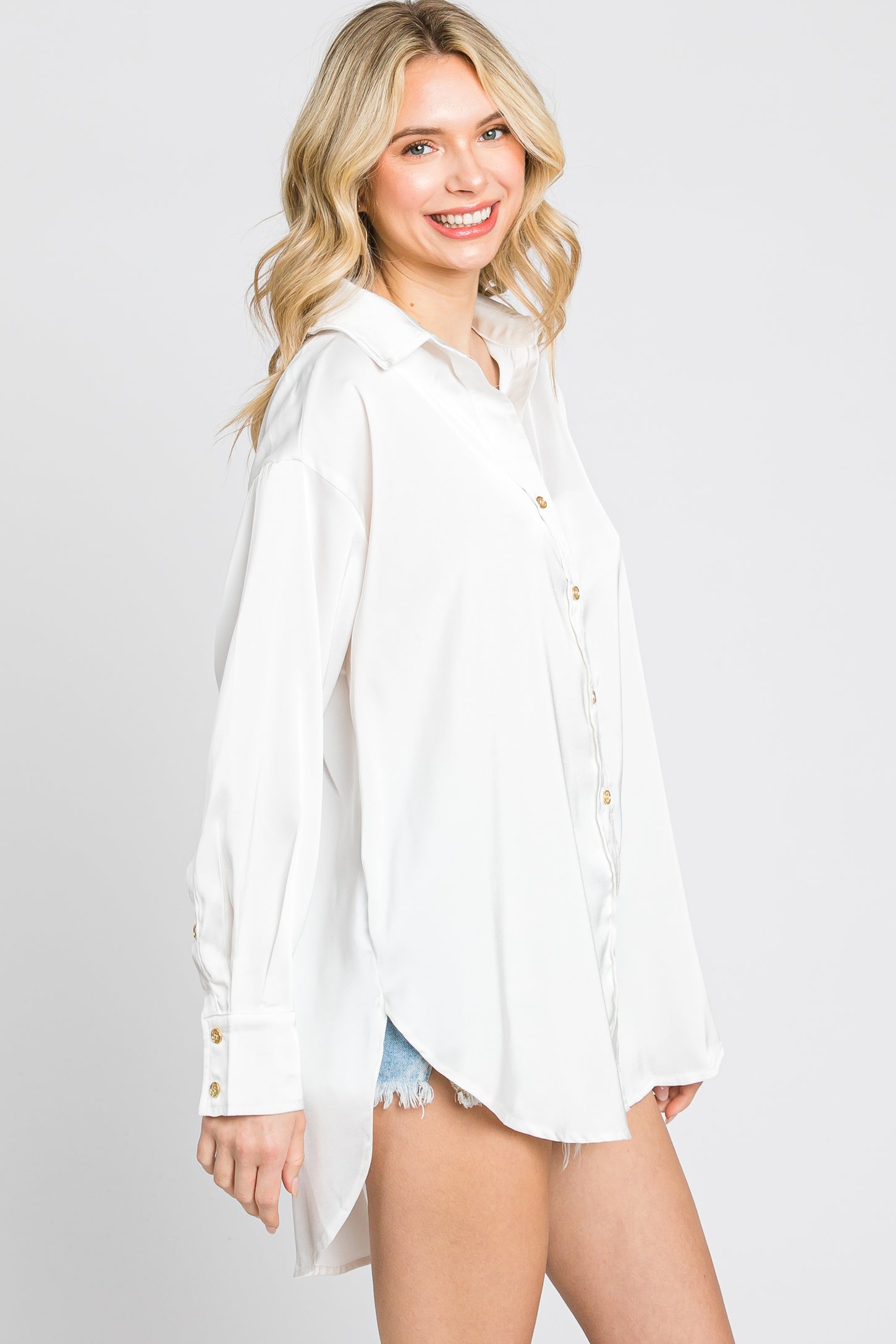 White Satin Button Up Blouse