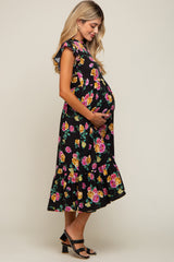 Black Floral Ruffle Shoulder Mock Neck Maternity Midi Dress