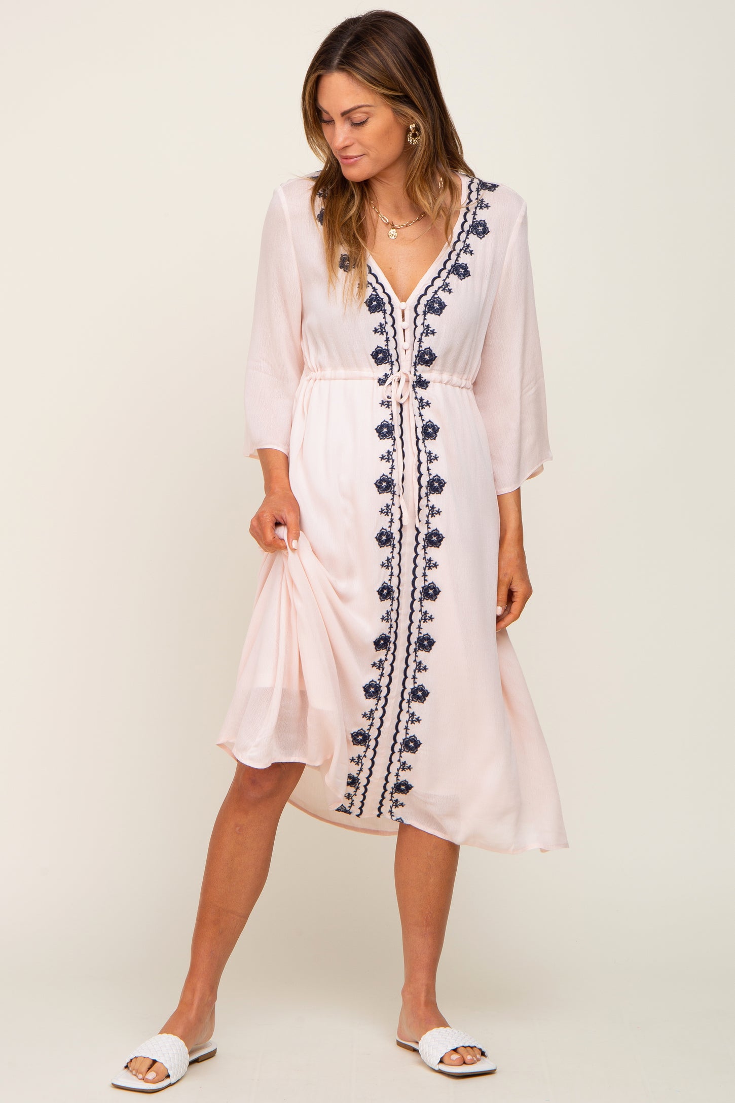 Light Pink Floral Embroidered 3/4 Sleeve Maternity Midi Dress