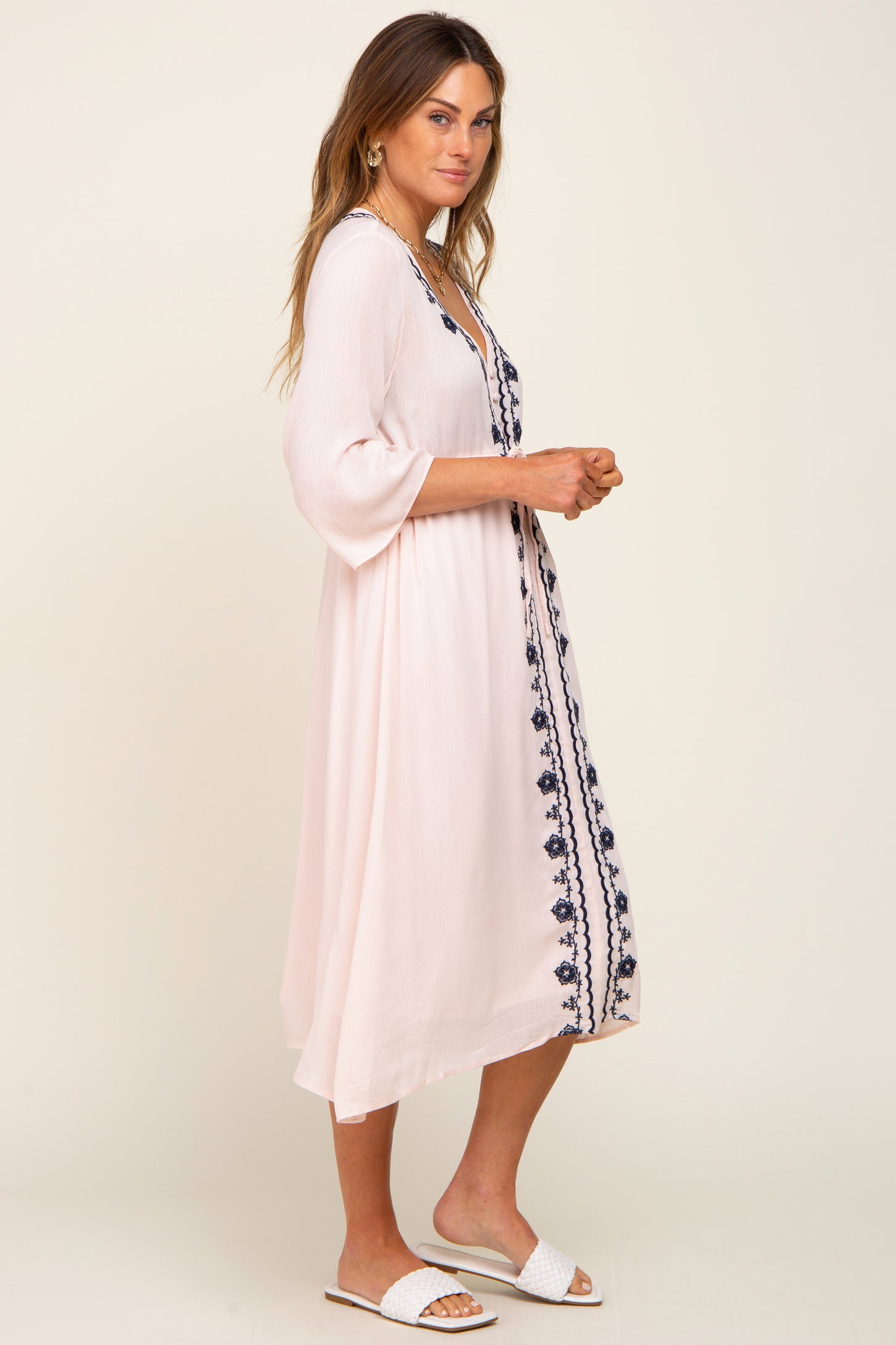 Light Pink Floral Embroidered 3/4 Sleeve Midi Dress PinkBlush Light Pink Floral Embroidered 3/4 Sleeve Midi Dress PinkBlush