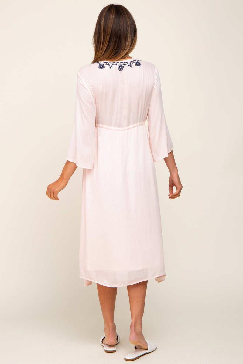Light Pink Floral Embroidered 3/4 Sleeve Midi Dress  PinkBlush
