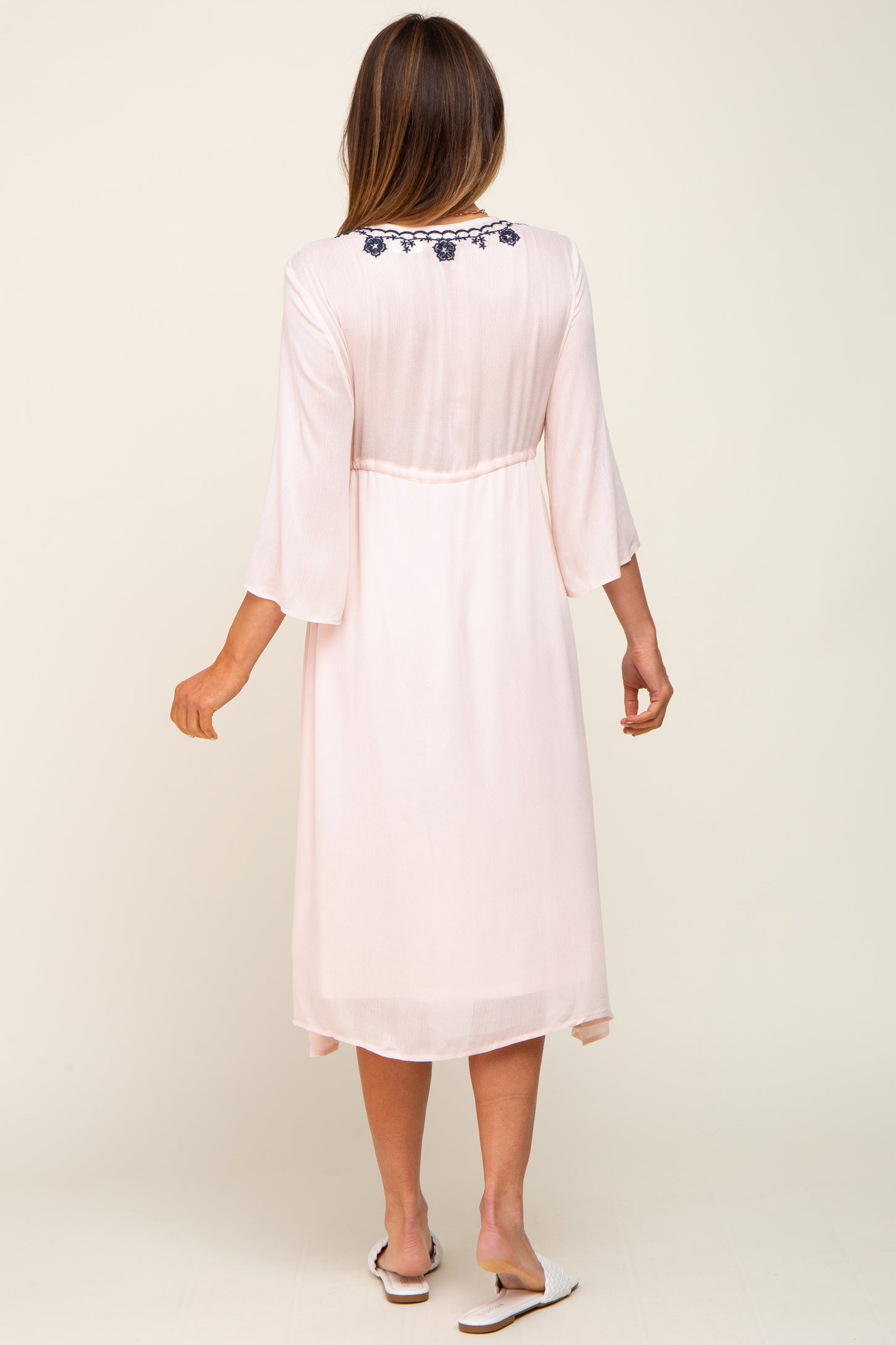Light Pink Floral Embroidered 3/4 Sleeve Midi Dress – PinkBlush