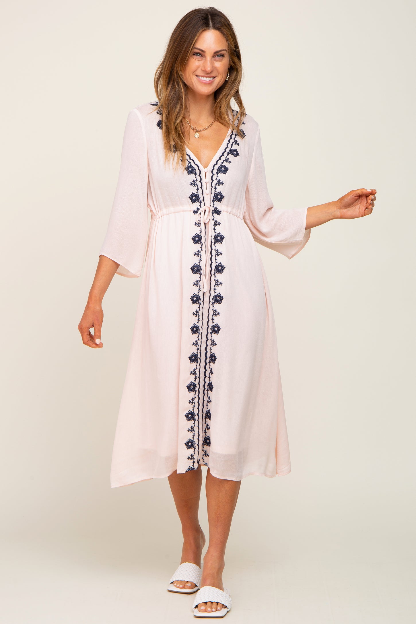 Light Pink Floral Embroidered 3/4 Sleeve Midi Dress PinkBlush Light Pink Floral Embroidered 3/4 Sleeve Midi Dress PinkBlush
