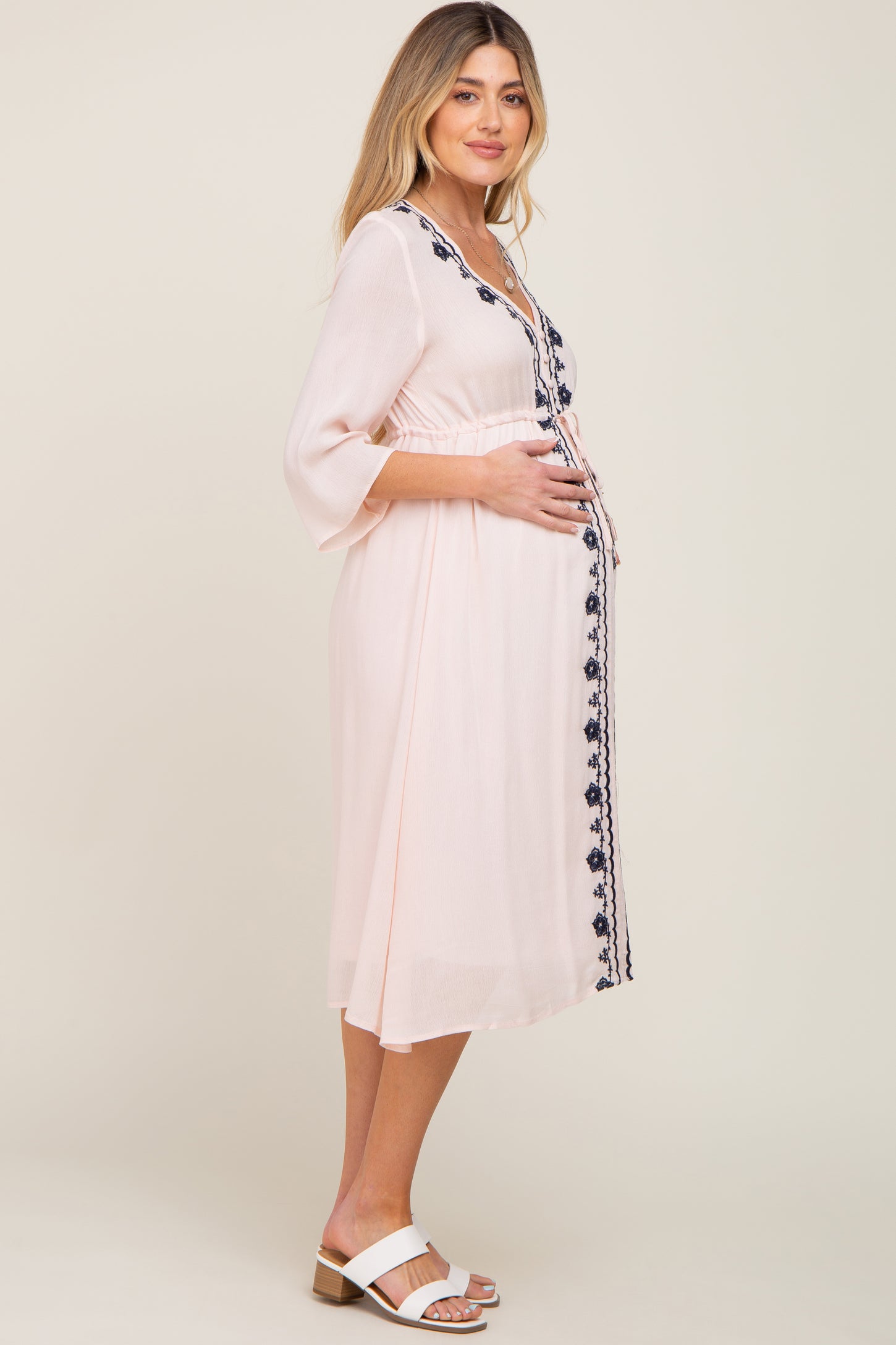 strapless open back dress Light Pink Floral Embroidered 3/4 Sleeve Maternity Midi Dress Medium
