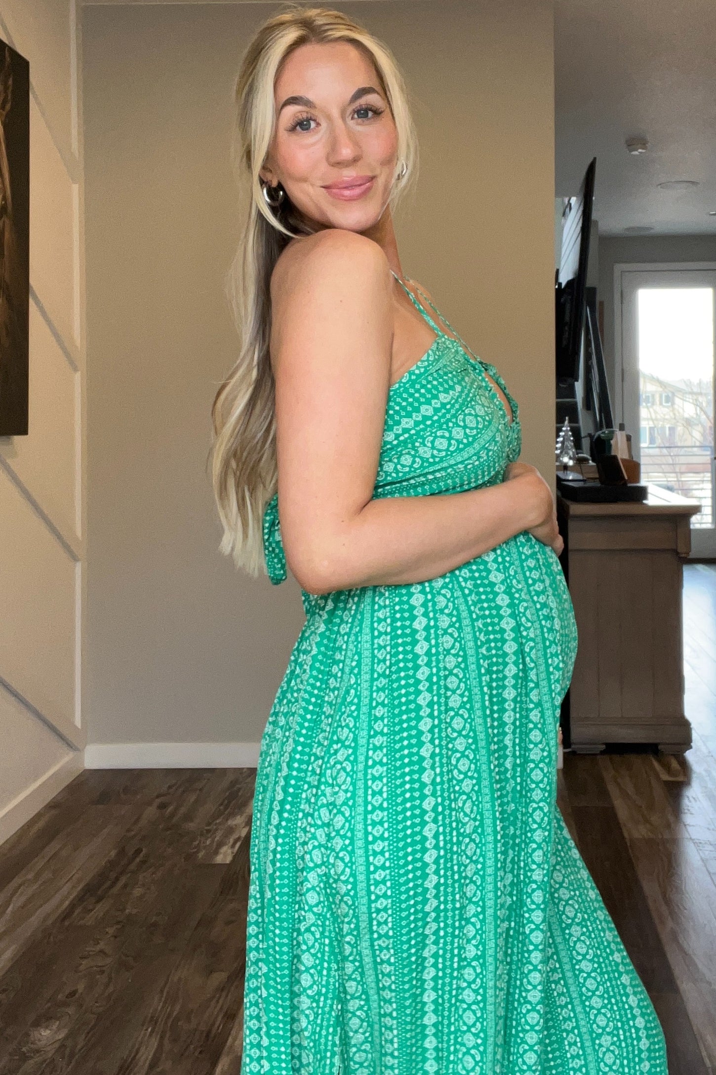 Green Halter Printed Side Slit Maternity Maxi Dress
