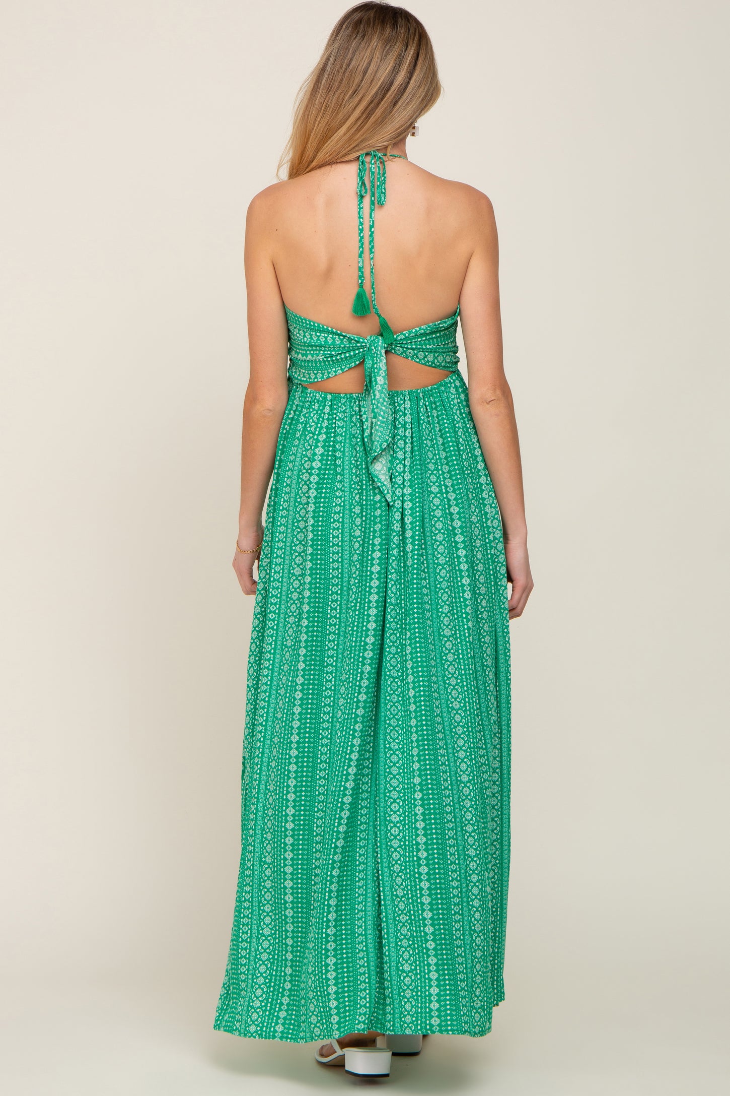 Green Halter Printed Side Slit Maternity Maxi Dress