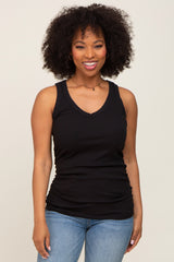 Black Ribbed Sleeveless Ruched Maternity Tank Top