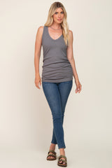Charcoal Ribbed Sleeveless Ruched Tank Top
