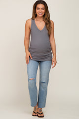 Charcoal Ribbed Sleeveless Ruched Maternity Tank Top