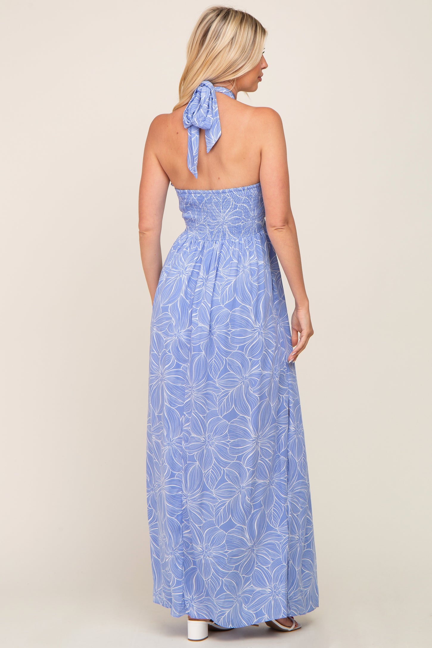 blue floral halter neck maxi dress Tuscan Garden Floral Halter Neck Maxi Dress in Off White/Blue