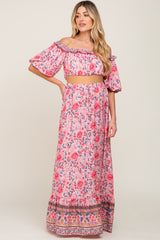 Pink Floral Off Shoulder Maternity Maxi Skirt Set
