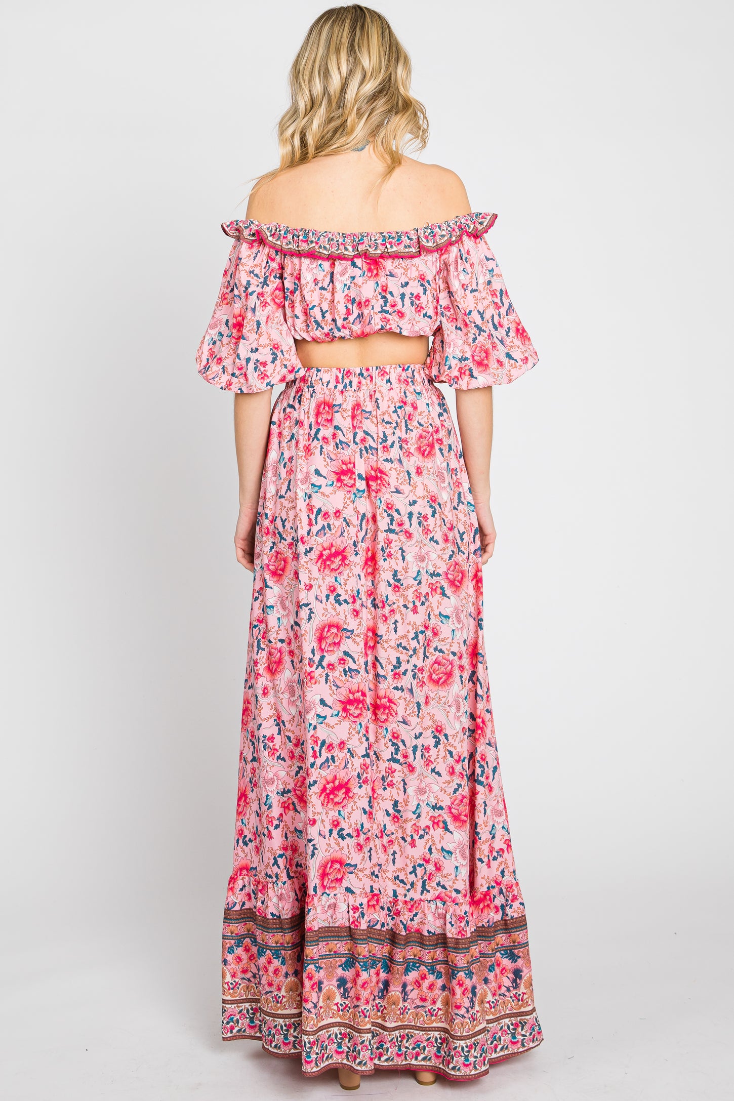 Pink Floral Off Shoulder Maxi Skirt Set