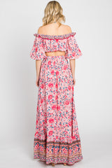 Pink Floral Off Shoulder Maxi Skirt Set