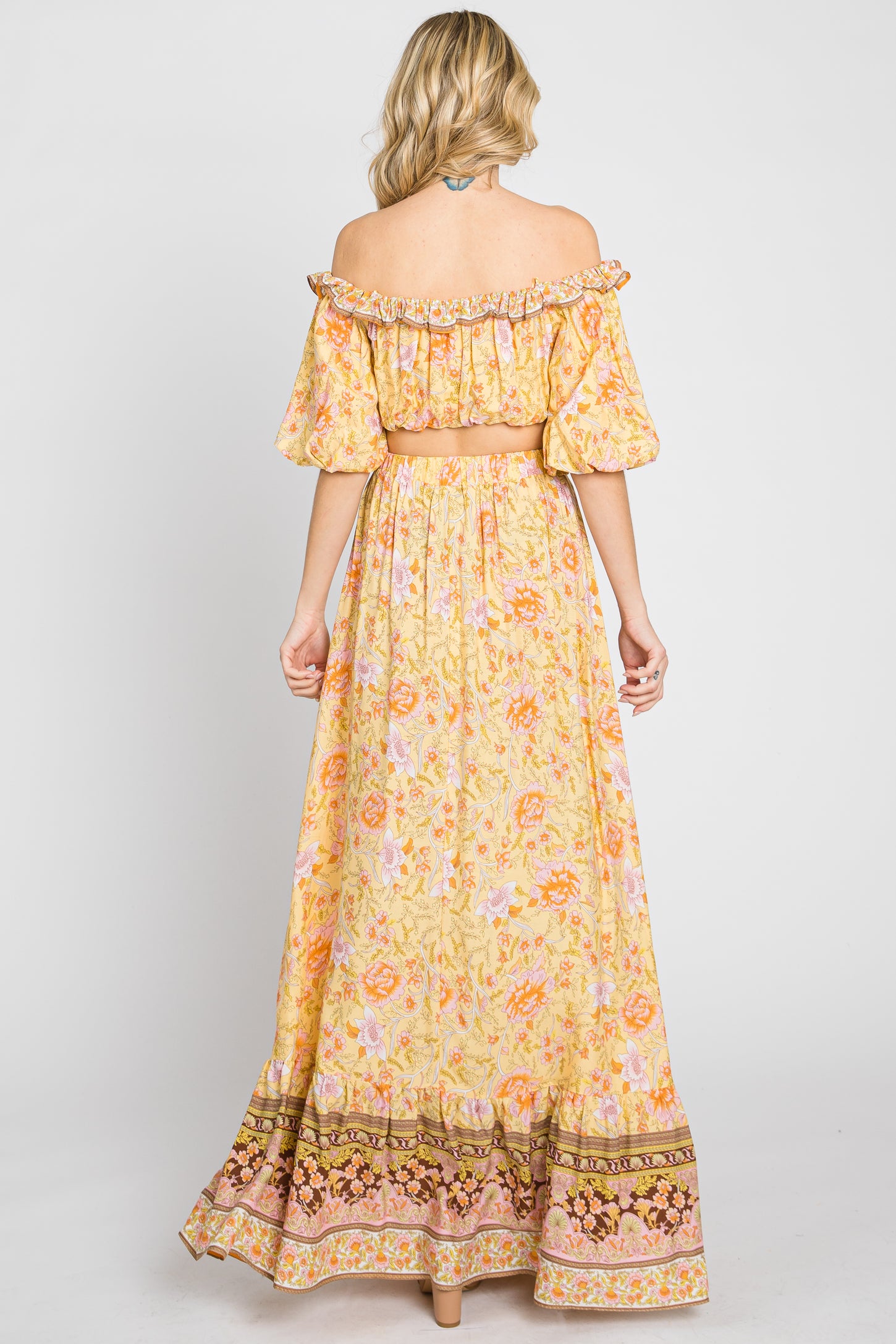 Yellow Floral Off Shoulder Maxi Skirt Set