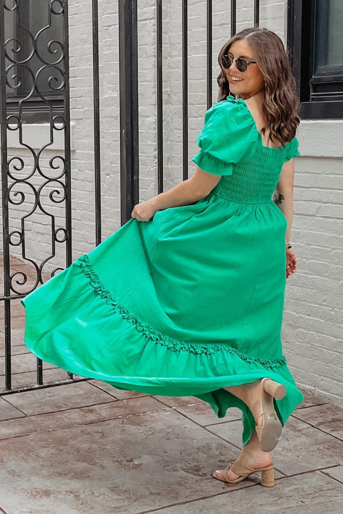 Green Puff Sleeve Ruffle Accent Maxi Dress Green Puff Sleeve Ruffle Accent Maxi Dress