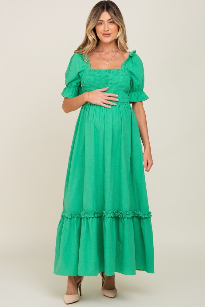 Green Puff Sleeve Ruffle Accent Maternity Maxi Dress – PinkBlush