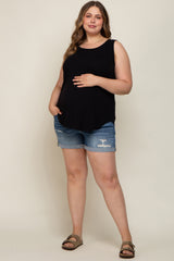 Blue Rolled Cuff Distressed Maternity Plus Jean Shorts
