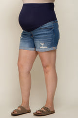 Blue Rolled Cuff Distressed Maternity Plus Jean Shorts