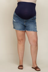Navy Blue Distressed Fringe Maternity Plus Denim Shorts