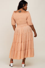 Peach Ditsy Smocked Tiered Off Shoulder Plus Midi Dress