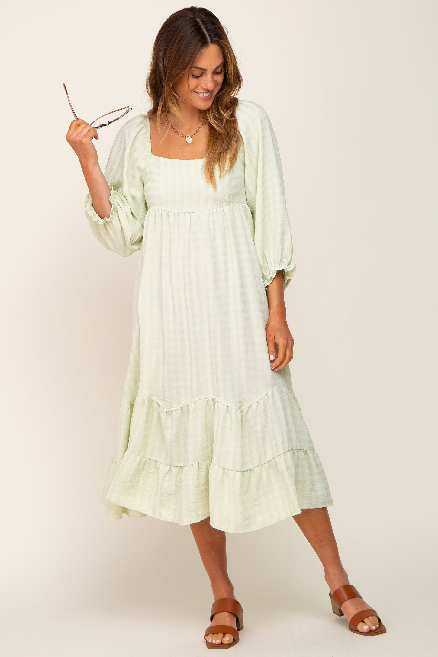 Light Green Striped 3/4 Cinched Sleeve Tiered Midi Dress PinkBlush Light Green Striped 3/4 Cinched Sleeve Tiered Midi Dress PinkBlush
