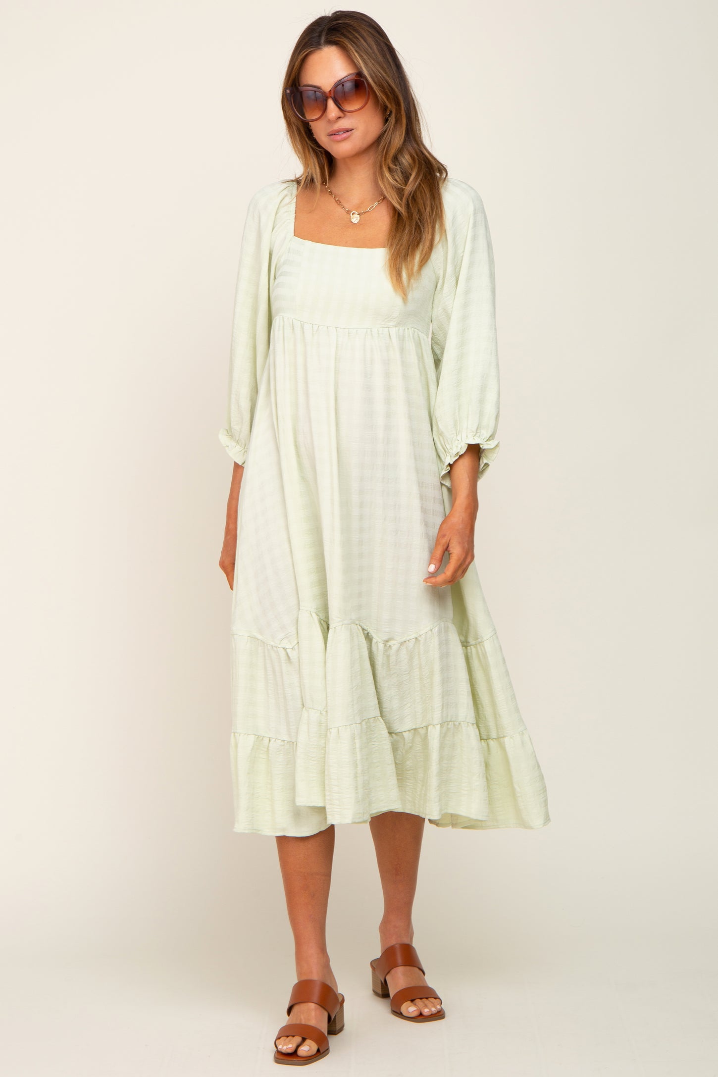 Light Green Striped 3/4 Cinched Sleeve Tiered Midi Dress PinkBlush Light Green Striped 3/4 Cinched Sleeve Tiered Midi Dress PinkBlush