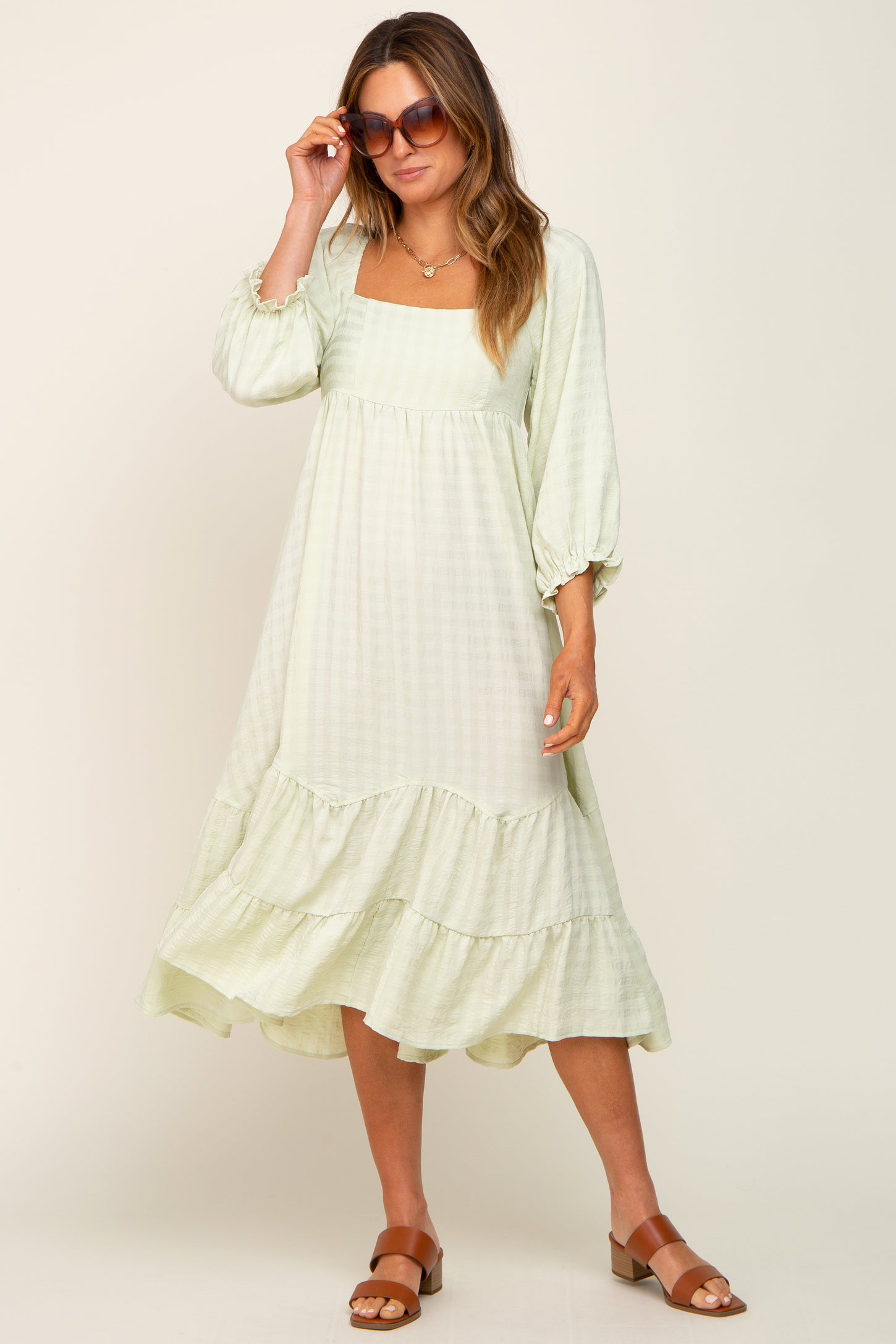 green and white tiered dress Jade By Jane Sleeveless Gingham Print Tiered Midi Dress