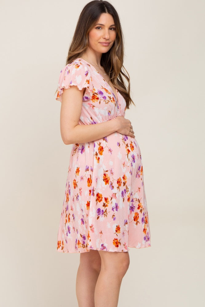 Pink Floral Pleated V-Neck Short Sleeve Maternity Dress – PinkBlush