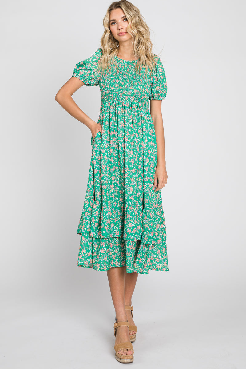 Green Floral Smocked Layered Midi Dress – PinkBlush