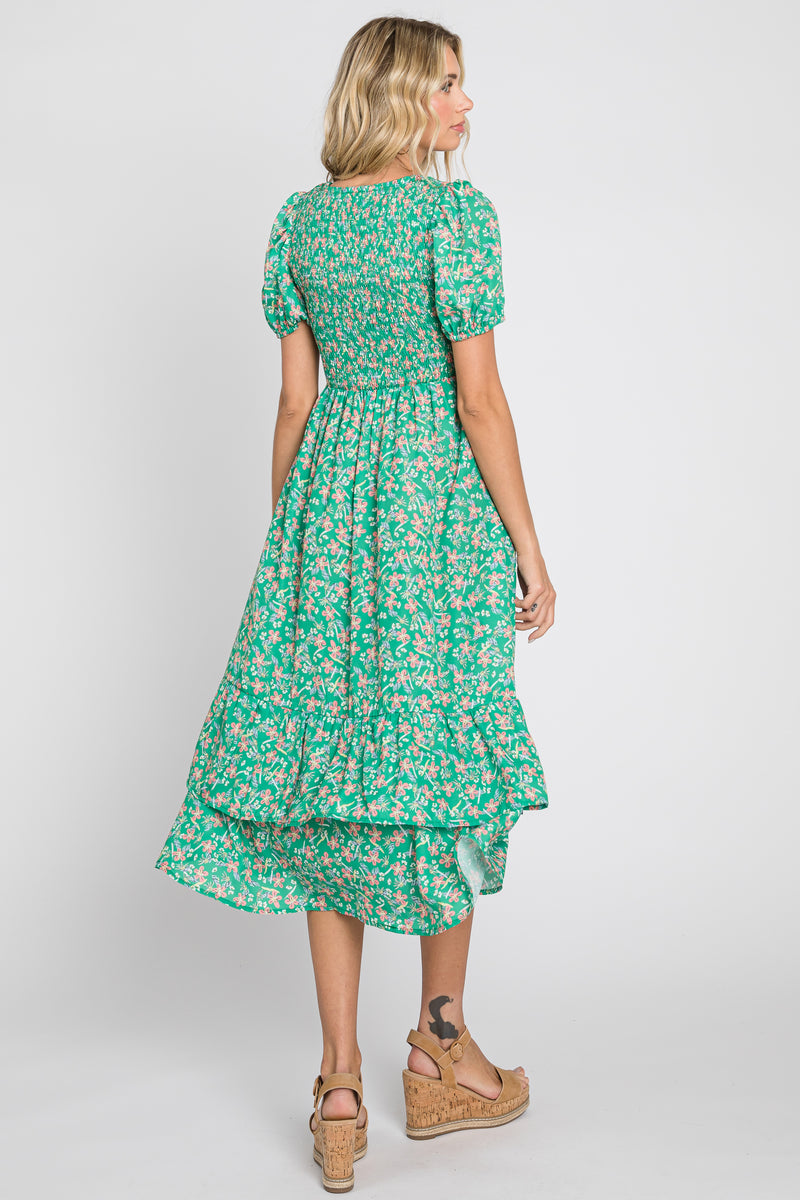 Green Floral Smocked Layered Midi Dress – PinkBlush