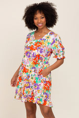 Ivory Floral V-Neck Puff Sleeve Maternity Dress