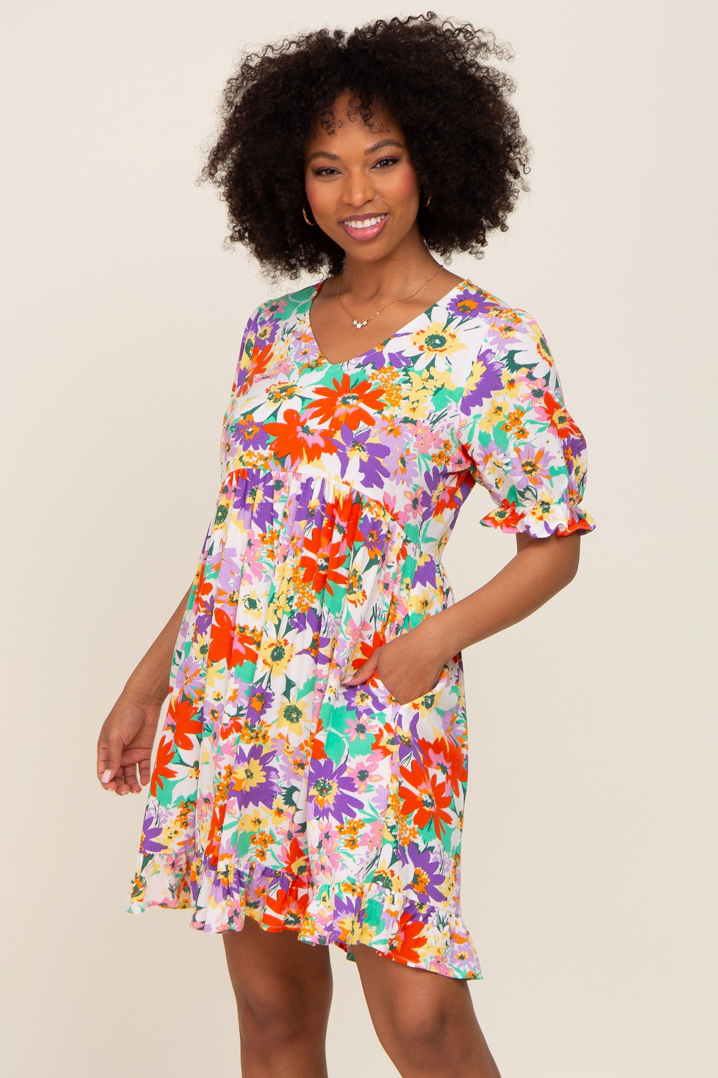 Ivory Floral V-Neck Puff Sleeve Dress