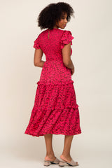Fuchsia Print Smocked Ruffle Tiered Midi Dress