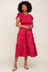 Fuchsia Print Smocked Ruffle Tiered Midi Dress