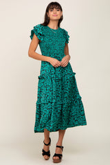 Green Print Smocked Ruffle Tiered Midi Dress