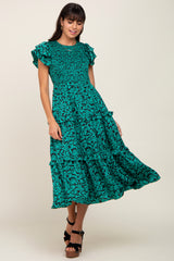 Green Print Smocked Ruffle Tiered Midi Dress