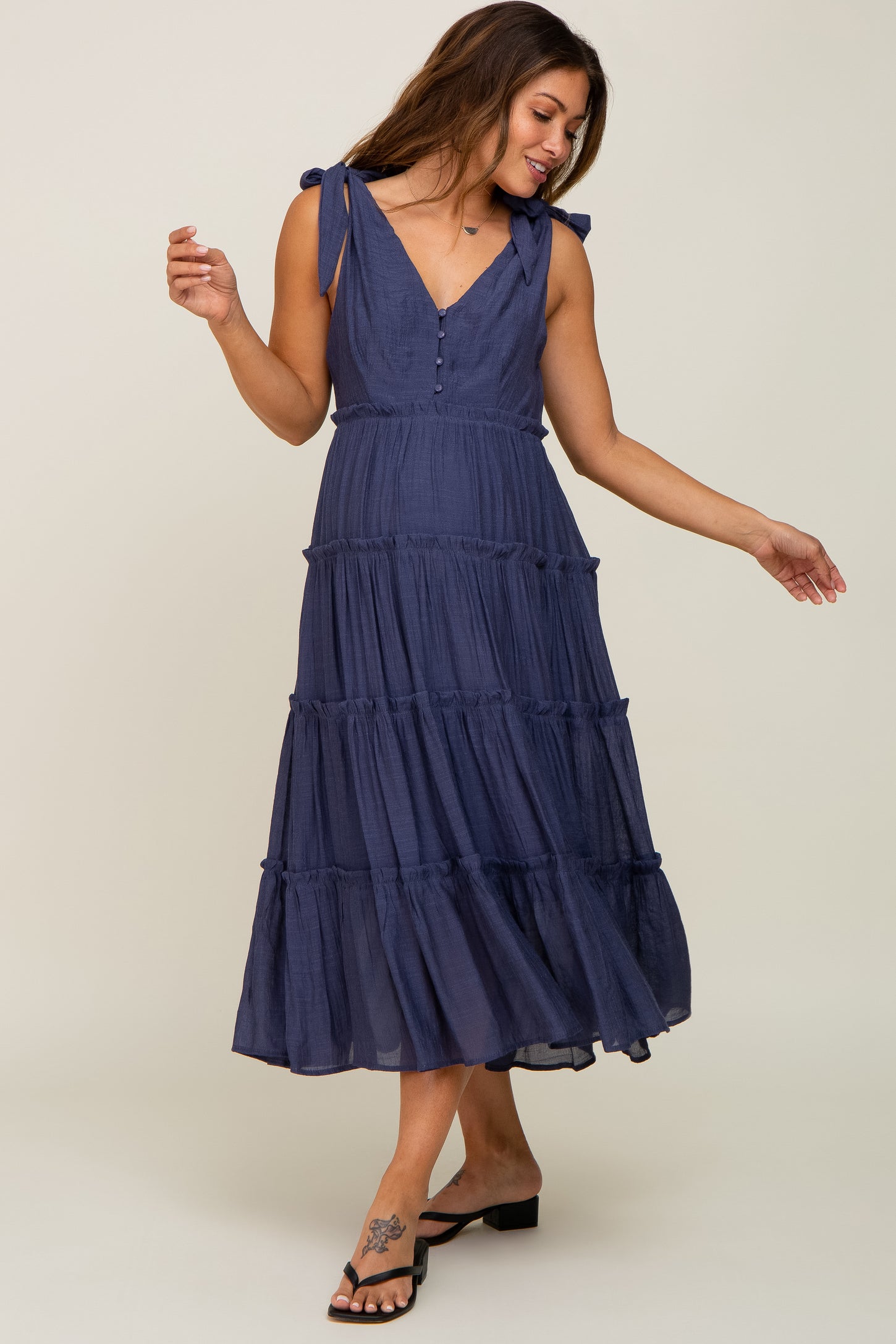 Navy Blue Linen Button Front Shoulder Tie Tiered Maternity Midi Dress Navy Blue Linen Button Front Shoulder Tie Tiered Maternity Midi Dress